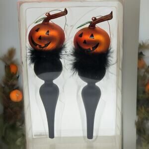 Rare Halloween Jack-o'-Lantern Glass Ornaments - Pumpkin Face & Feather Accents